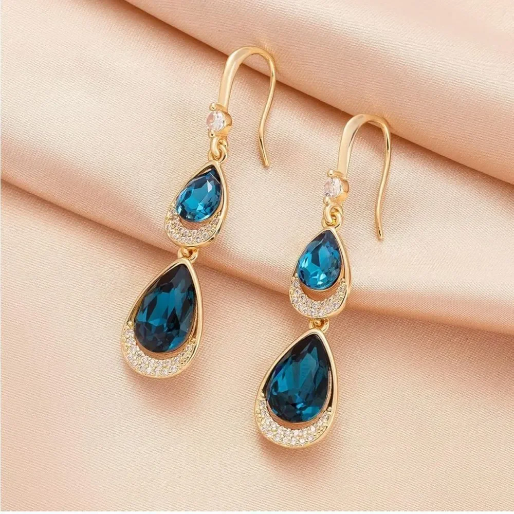 14K Yellow Gold with Blue Sapphire Austrian Crystal Double Teardrop Earrings